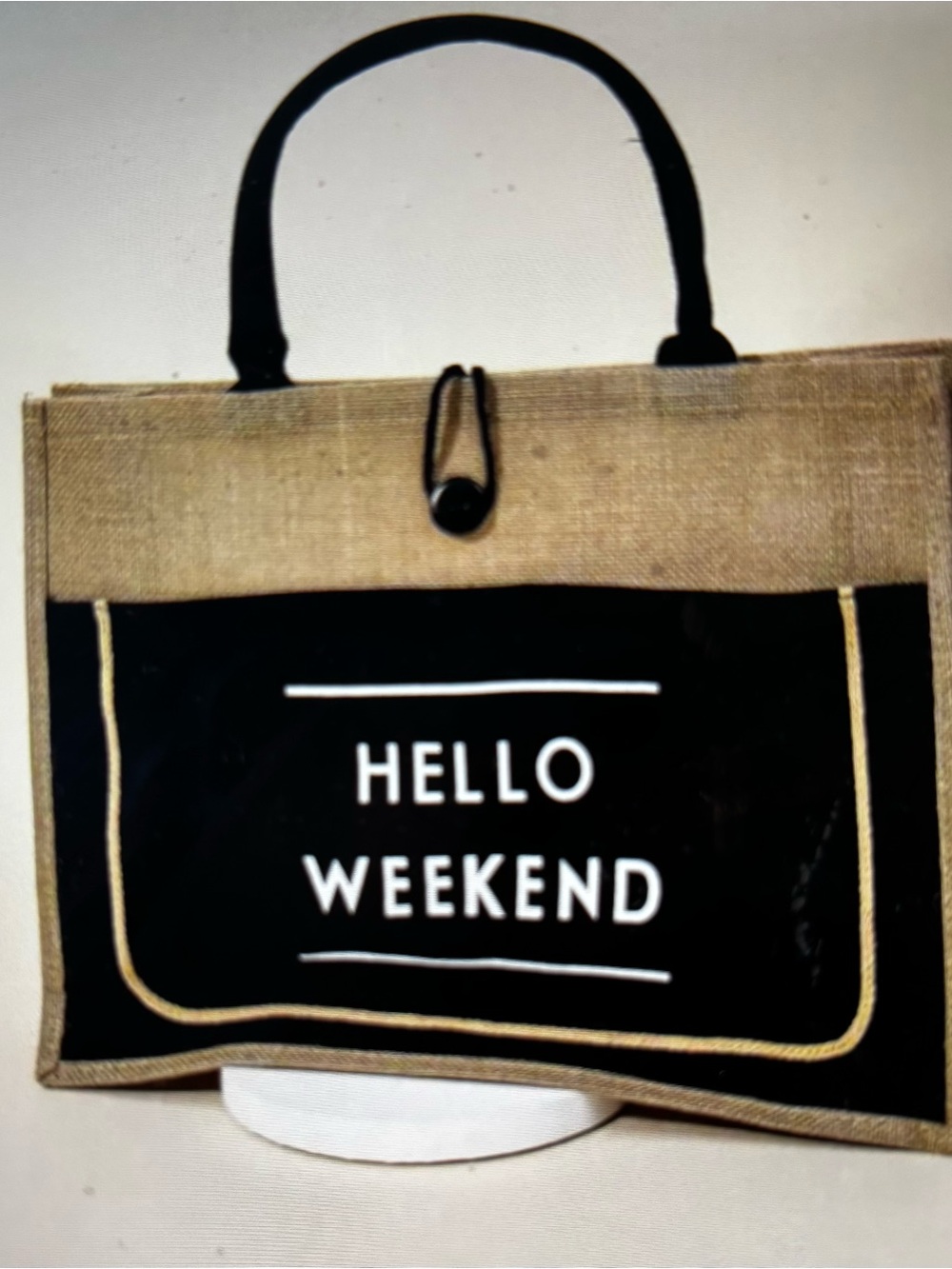 'Hello Weekend' Black and Natural Burlap Tote